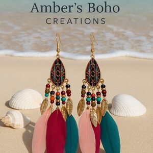 “Boho Feather & Bead Dangle Earrings – Tribal Gold Leaf Statement Jewelry”